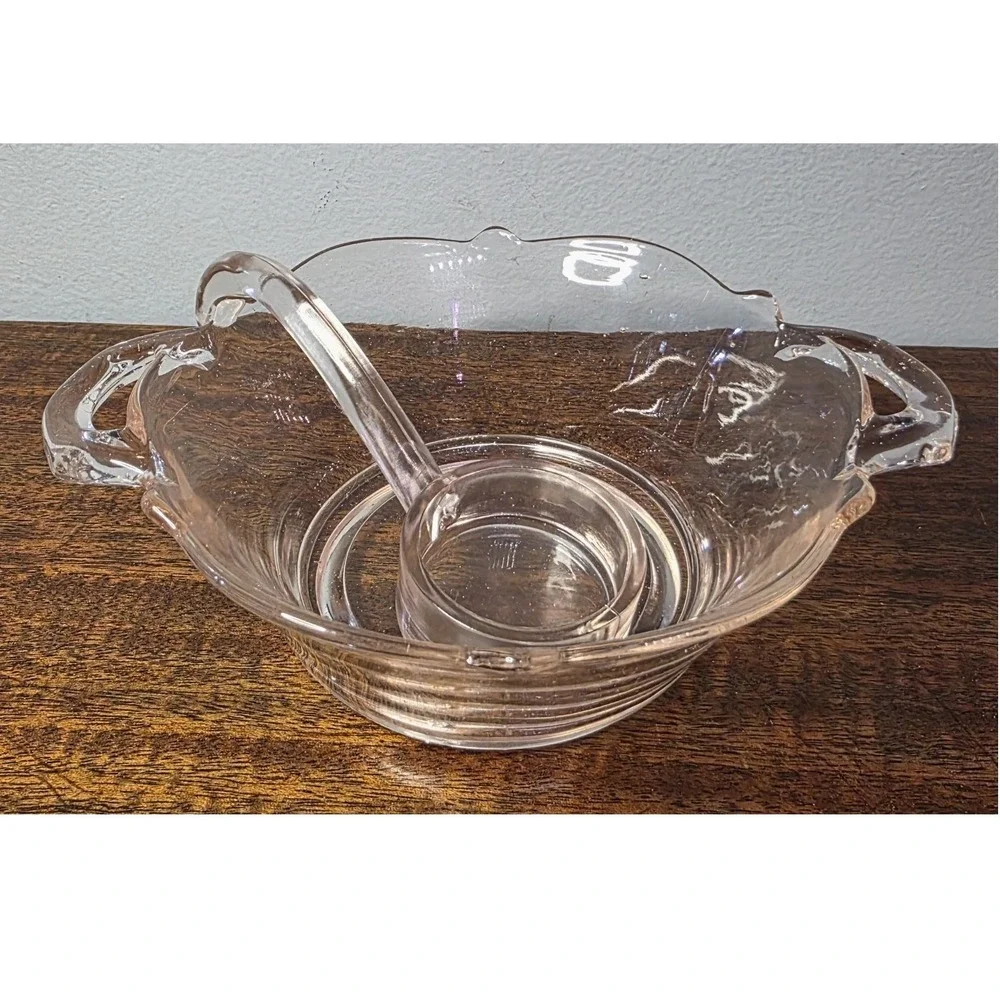 Pink Depression Glass Scallop Edged Bowl with Handles - 7